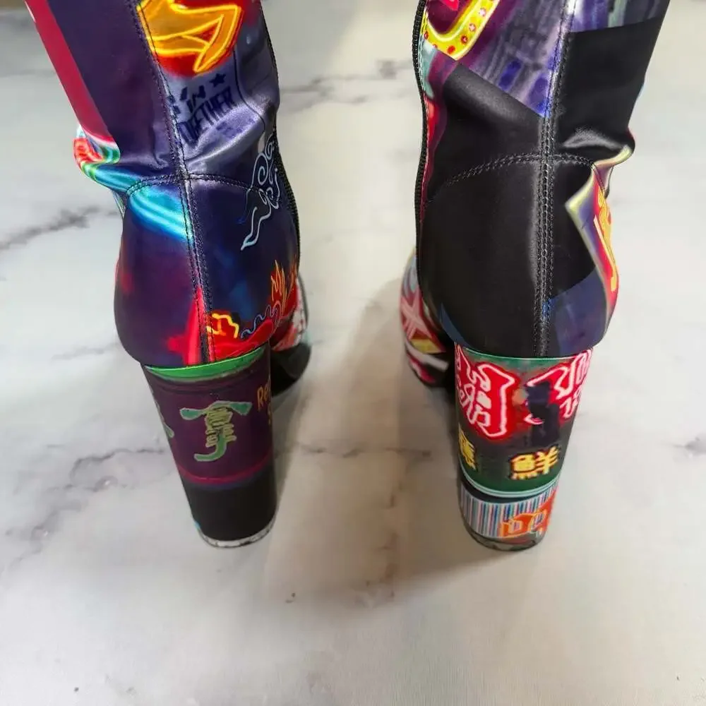 Dolls Kill Current Mood Midnight City Print Thigh High Platform Boots 8 - Picture 9 of 10